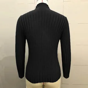 Back view of a black women's wide ribbed stand collar knitted long sleeve sweater