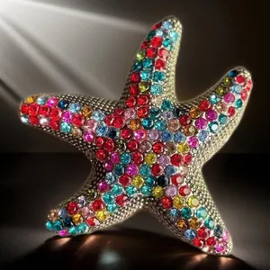 Macro view of a colorful starfish brooch encrusted with vibrant sparkling rhinestones