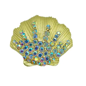 Vintage gold-tone shell brooch with colorful iridescent rhinestones for women's suits