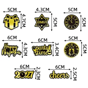 Gold foil New Year party cake toppers and festive decoration set with dimensions guide
