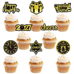 Gold foil New Year cupcake toppers set for 2027 party decorations with black accents