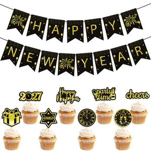 Happy New Year Banner And Cupcake Topper Paper Gold Foil Bronze Decoration Party Supplies 2026 Countdown DIY Black Gold