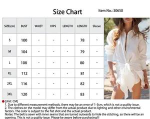 Guide des tailles détaillé pour robe chemise blanche à manches longues de style resort.