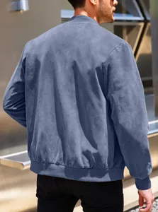 Back view of a men's blue suede lightweight bomber jacket with rib-knit details