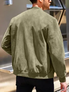 Rear view detail of a men's olive green suede casual jacket with ribbed hem