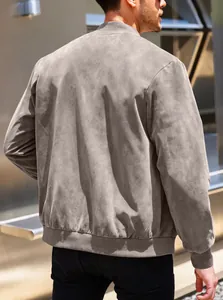 Back view of a premium men's faux suede bomber jacket in taupe grey