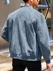 Detailed back view of a stylish blue suede bomber jacket for men showing fabric texture
