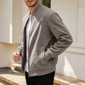 Men's stylish grey faux suede bomber jacket with casual full zipper and ribbed cuffs