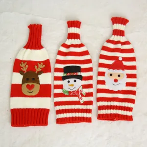 Set of 3 Christmas knitted wine bottle covers with reindeer, snowman, and Santa patterns