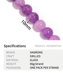Vista dettagliata delle perle tonde in vetro cracklé viola da 10mm per creazione gioielli