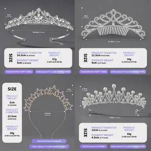 Detailed size chart for rhinestone tiaras including diameter, height, and weight measurements.