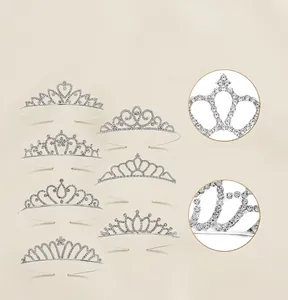 Variety of delicate rhinestone tiaras for girls with detailed macro views of gems.