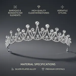 Detailed view of silver-plated alloy tiara with premium rhinestones for princess parties