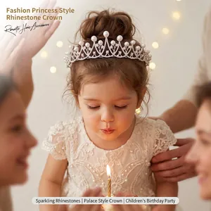 Children Rhinestone Princess Crown Headband Sparkly Crystal Alloy Tiara For Girls Birthday Party Performance Accessories
