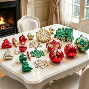 Exquisite Vielfalt an festlichen roten und grünen Weihnachtsschmuckstücken auf einem Tisch