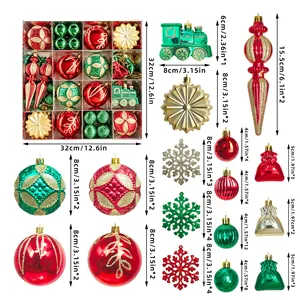 60-teiliges Set Weihnachtsschmuck mit Kugeln Schneeflocken und Zugformen in Rot und Grün