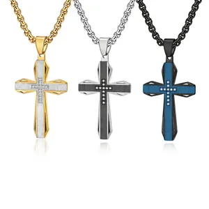 Herren Kreuz Anhänger Halskette Edelstahl Kontrastfarbe Gebürstet Mit Zirkon Zentrum Religiöser Modeschmuck Geschenk Für Vater