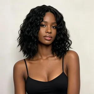 Detailed view of a stylish black wavy bob wig with natural curls on a female model