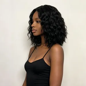 Black curly short bob synthetic wig with voluminous water wave texture for women