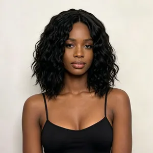 Stylish short black wavy synthetic hair wig for women featuring natural curly texture