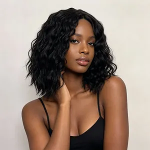 Professional black wavy bob synthetic wig for a voluminous natural look