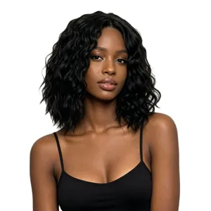 Short black wavy synthetic wig for women with natural voluminous curls on white background