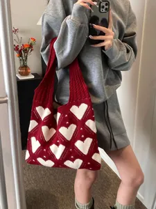Artsy red and white heart pattern knitted tote bag with large capacity for women