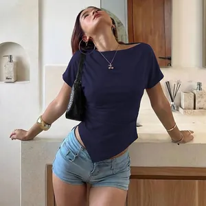 Stylish slim fit navy blue short sleeve T-shirt for women in a modern bathroom setting