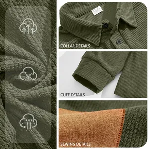 Green corduroy long sleeve men's shirt featuring vintage patch details and ribbed cuffs.