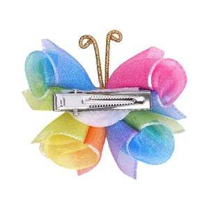 Pince à cheveux papillon en tulle dégradé coloré pour filles, vue arrière avec clip métal