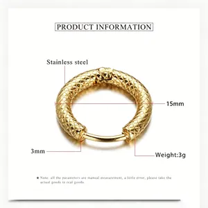 Detailed view of 3mm snake pattern stainless steel hoop earring with dimensions.