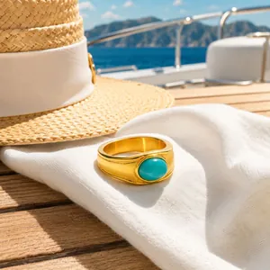 Vintage Stainless Steel Gold Plated Wide Band Ring Oval Turquoise Green Stone Inlaid Niche Fashion Jewelry Ring For Women