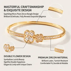Bracelet jonc élégant plaqué or avec motifs de doubles fleurs en zircons micro-pavés