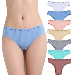 Women Cotton Ribbed High Waist Panties Sweet Letter Print Breathable Soft Elastic Underwear For Ladies