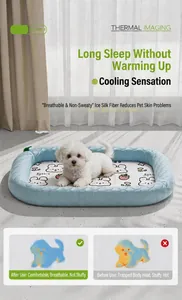 Detailed view of breathable ice silk dog cooling bed with blue quilted borders