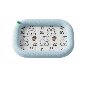 Summer cooling ice silk pet bed with cute cartoon rabbit print and soft blue border