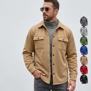 Men Shacket Jacket Brushed Soft Long Sleeve Button Down Lapel Slim Fit Chest Pockets Casual Outerwear Autumn Winter