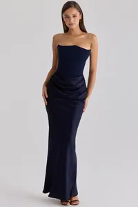 Elegant navy blue strapless satin evening gown with corset bodice and draped waist detail.