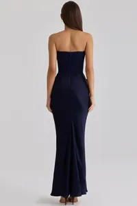 Detailed back view of navy blue strapless satin long dress with elegant fishtail hemline