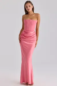 Elegant pink strapless corset dress with pleated satin skirt for evening events