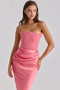 Elegant pink strapless satin midi dress with boned bodice and draped skirt detail