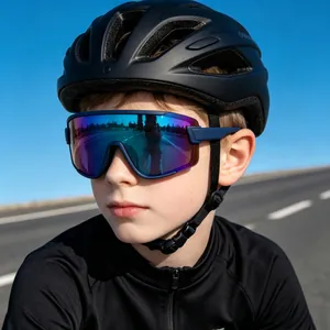 Professional youth cycling sunglasses with colorful iridescent lenses and matte blue frame