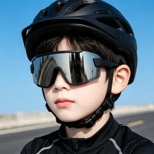 Professional youth outdoor cycling sunglasses featuring silver mirrored lenses and black frame