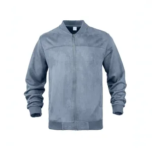 Klassische staubblaue Wildleder-Herren-Bomberjacke mit Reißverschluss und Rippbündchen