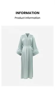 Elegant light blue long robe with ostrich feather trim cuffs and satin finish.