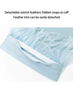 Close-up of detachable ostrich feather trim on light blue acetate robe cuff