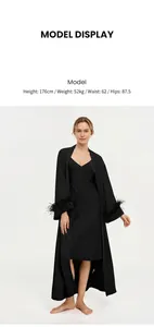 Full-length view of black acetate sleep robe with luxury ostrich feather cuffs