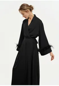 Elegant black acetate long sleepwear robe with luxurious ostrich feather trim on cuffs