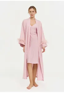 Detailed view of women's pink acetate robe featuring elegant ostrich feather cuff trim