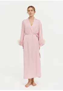 Elegant pink satin robe with luxurious ostrich feather cuffs for women's loungewear